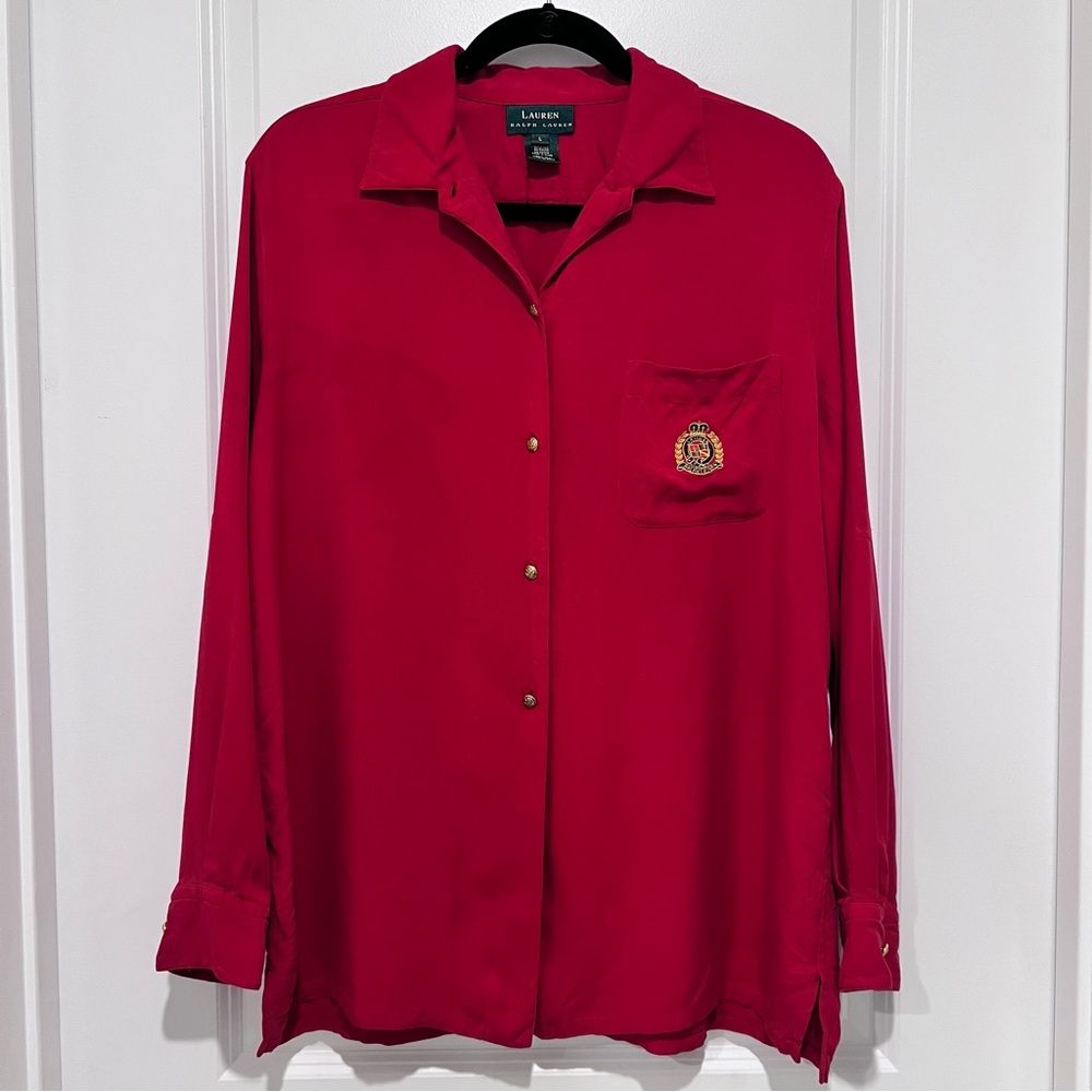 Lauren Ralph Lauren Women’s Red 100% Silk Long Sleeve Button Up Shirt Sz. Large